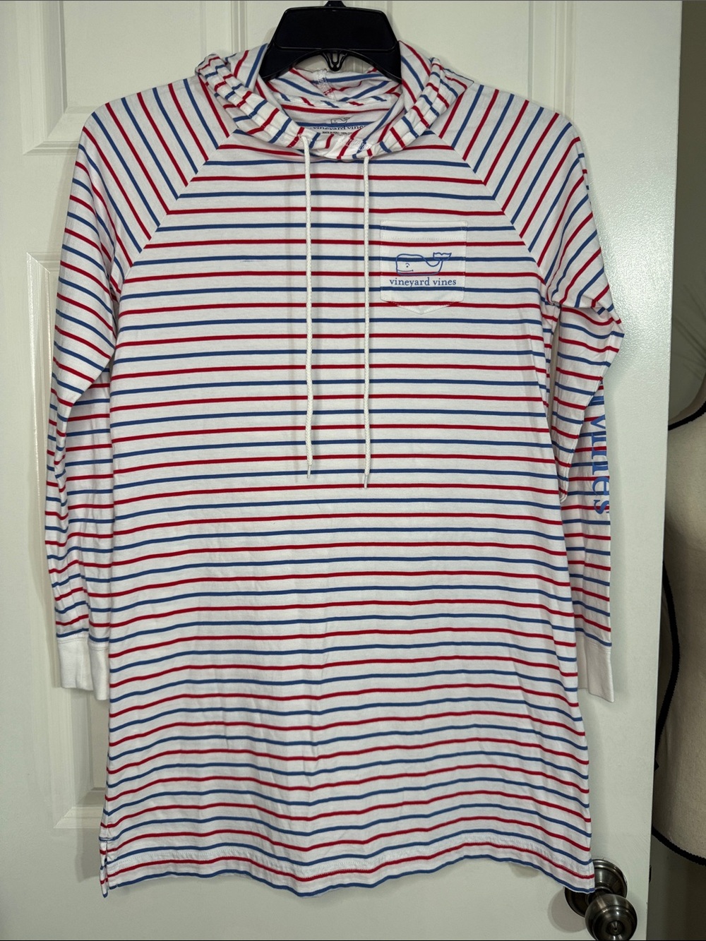 Vineyard Vines Striped Hooded Swim Coverup in White, Red & Blue